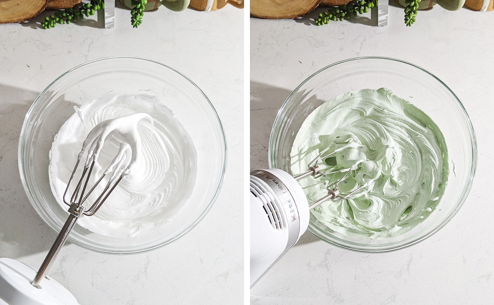 Whipping meringue to stiff peaks and adding green food colouring.