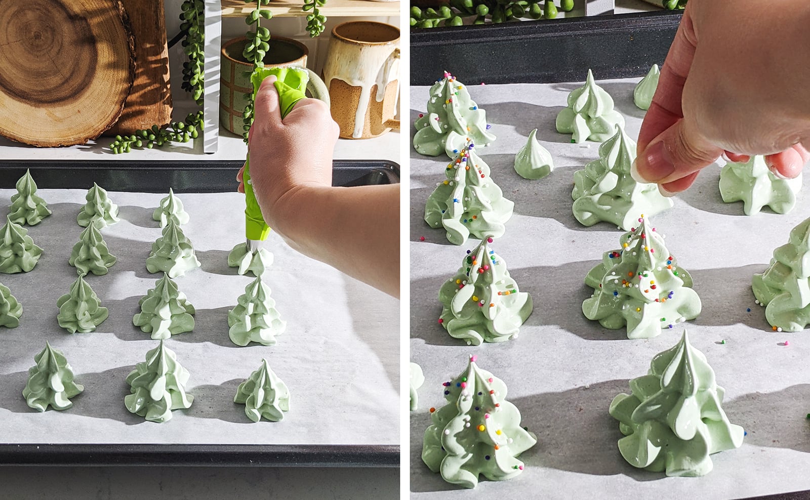 Piping meringues on baking sheet shaped like christmas trees and adding sprinkles.