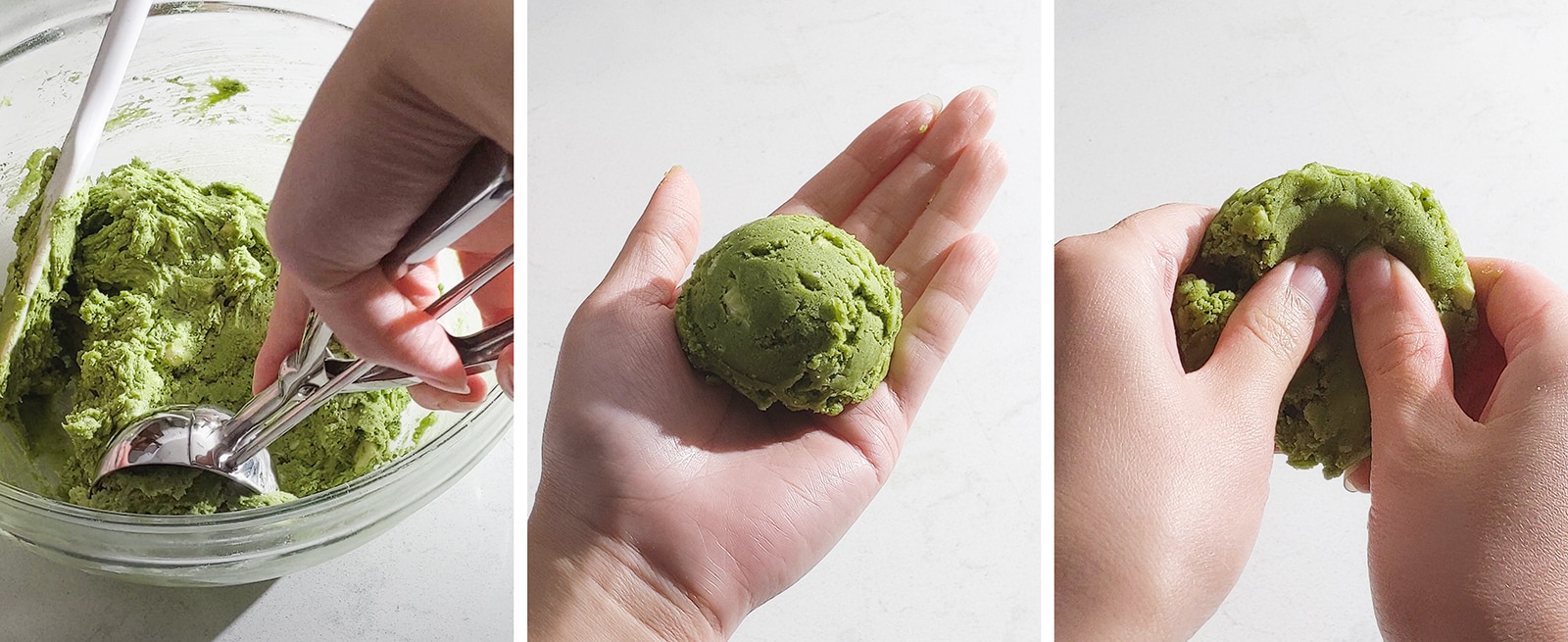 Shaping a ball of cookie dough in hands.