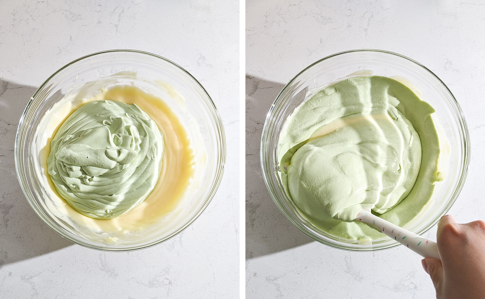 Folding whipped cream into mascarpone mixture.