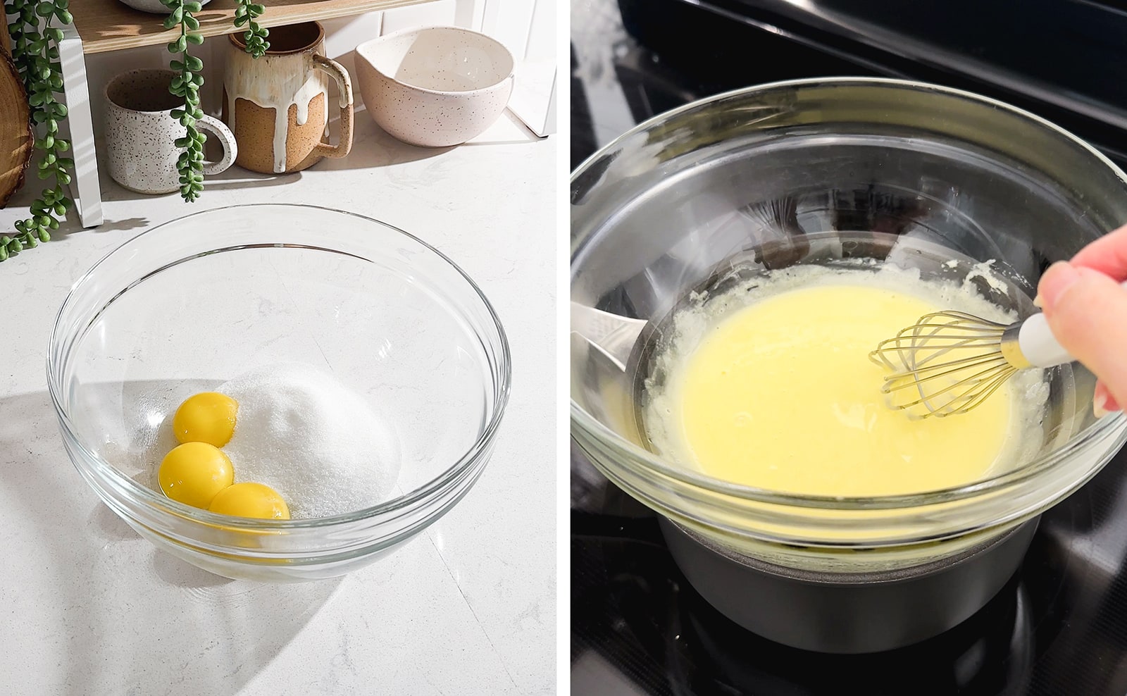Left to right: Egg and sugar in a bowl, whisking eggs in double boiler.