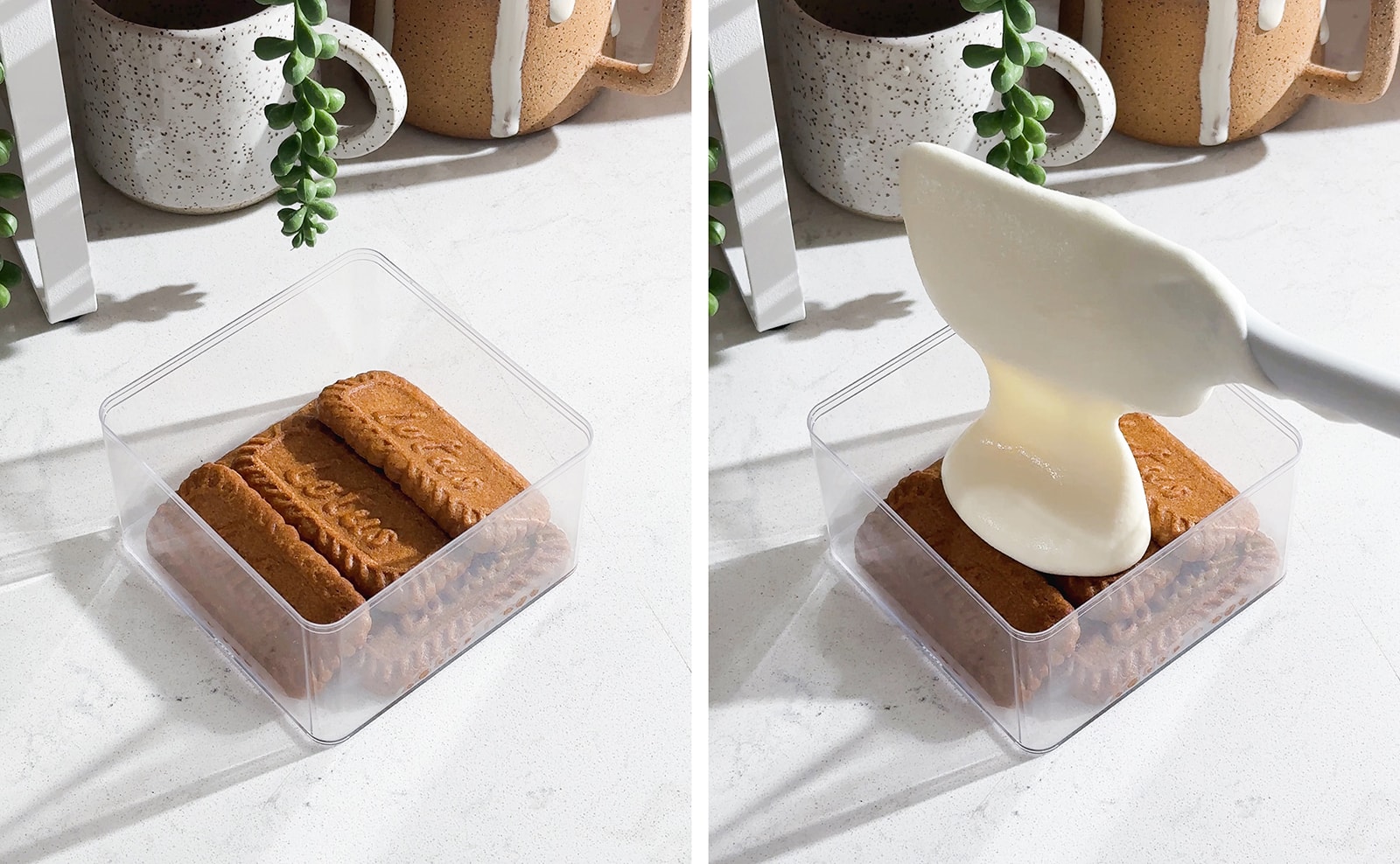 Left to right: Soaked biscoff biscuits lined up in clear box, dropping mascarpone cream on top of biscuits from a spatula.