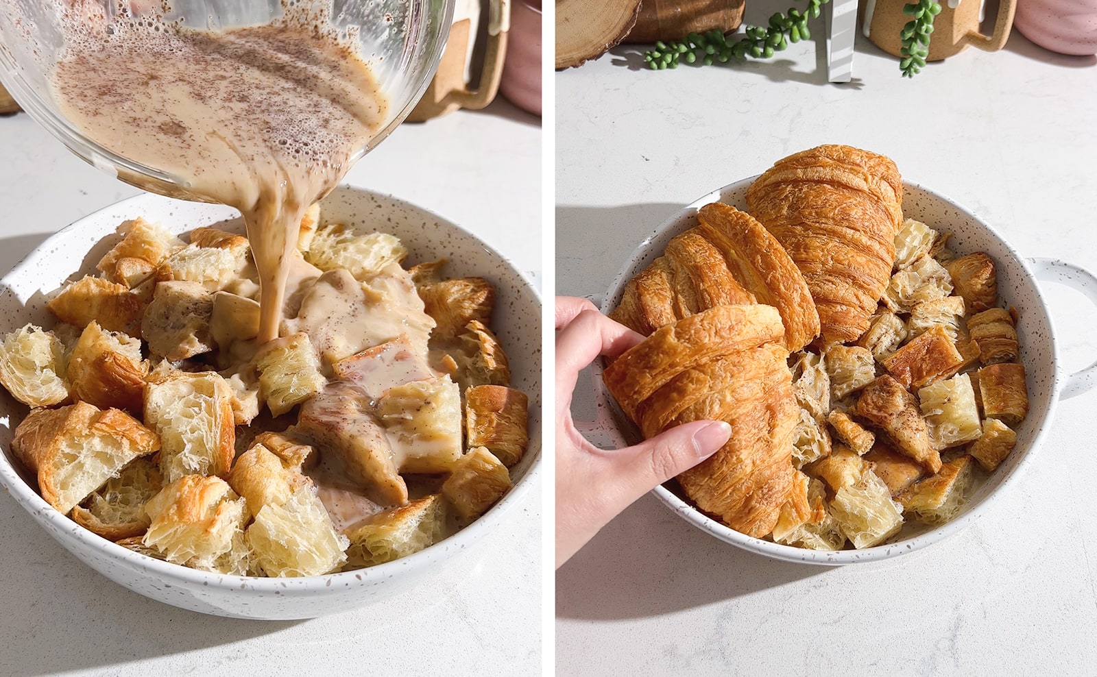 Left to right: pouring milk mixture over croissant cubes in baking dish, hand placing croissant halves on top of baking dish.