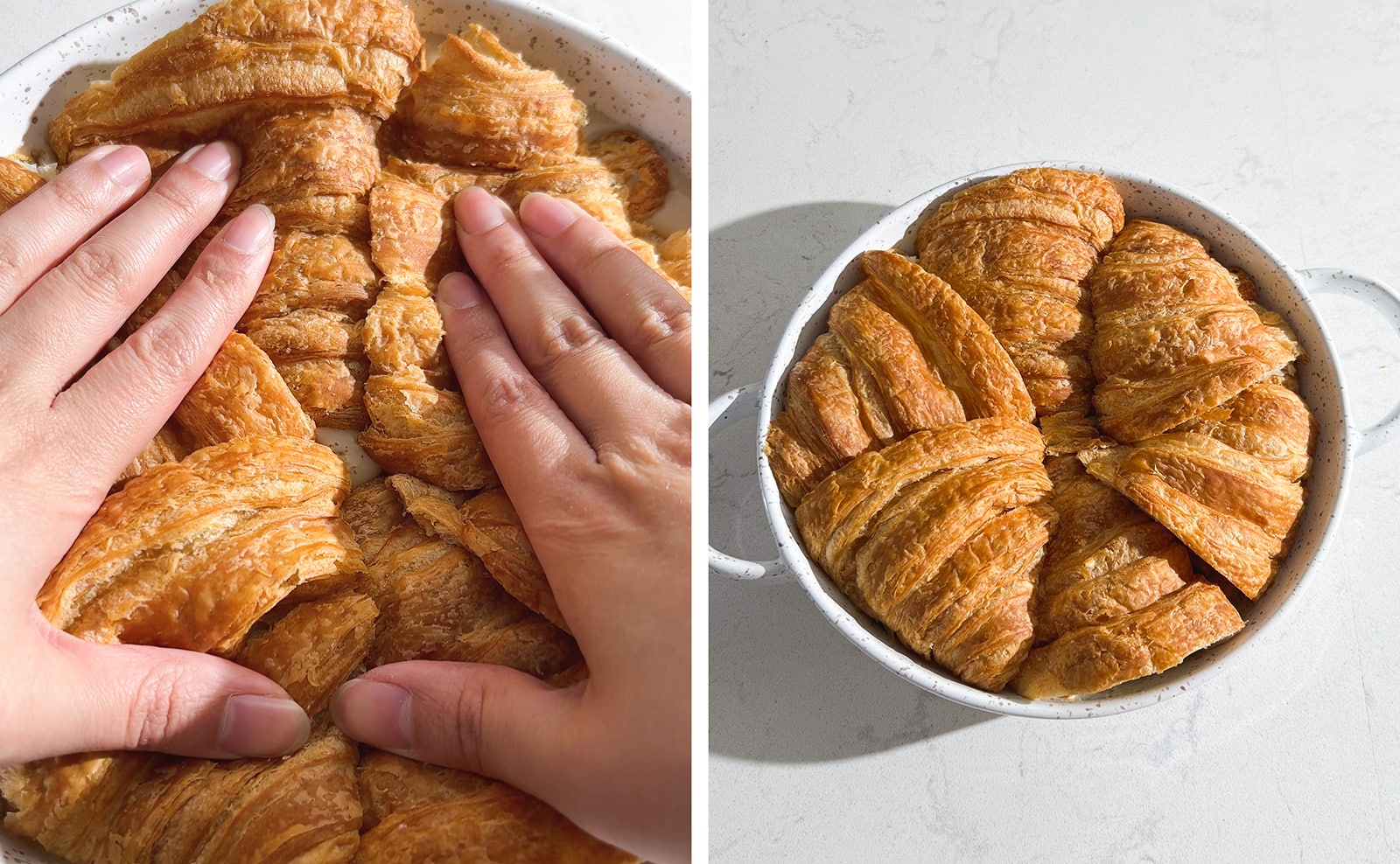 Left to right: two hands pressing croissants down into liquid, croissants arranged in baking dish.