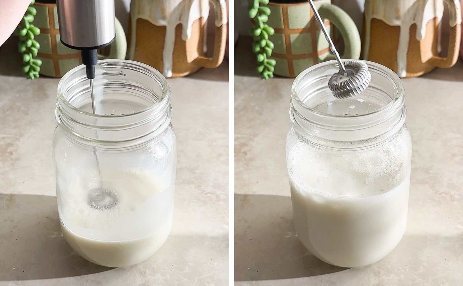 Left to right: handheld frother in jar of milk, milk at a higher volume after frothing.