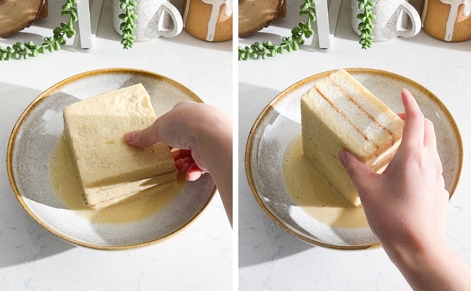 Left to right: dipping sandwich in egg mixture in a bowl, hand holding sandwich up on side in egg mixture.
