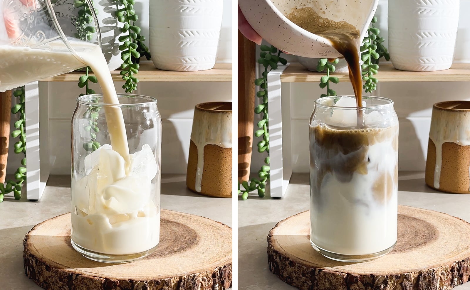 Left to right: pouring milk into glass filled halfway with ice, pouring hojicha into glass on top of milk.