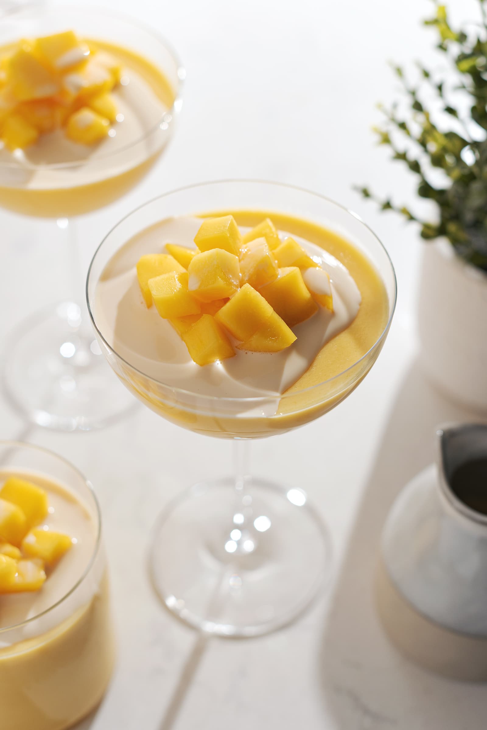 A coupe glass filled with mango pudding and mango chunks on top.