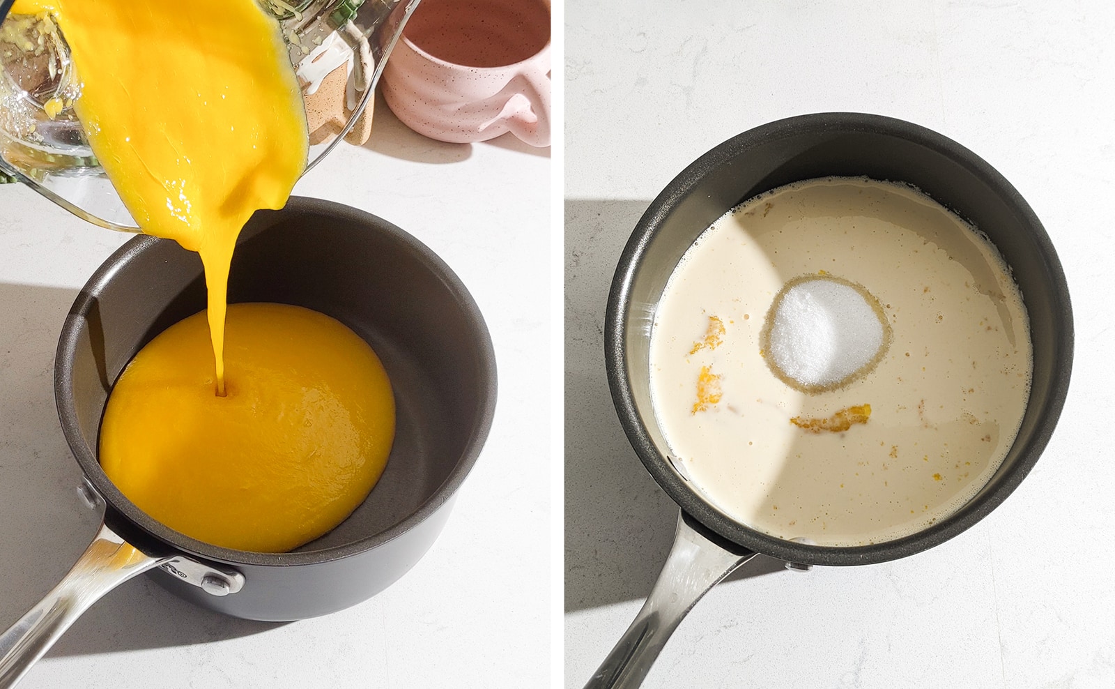 Left to right: pouring mango puree into pot; pot filled with mango puree, evaporated milk, and sugar.