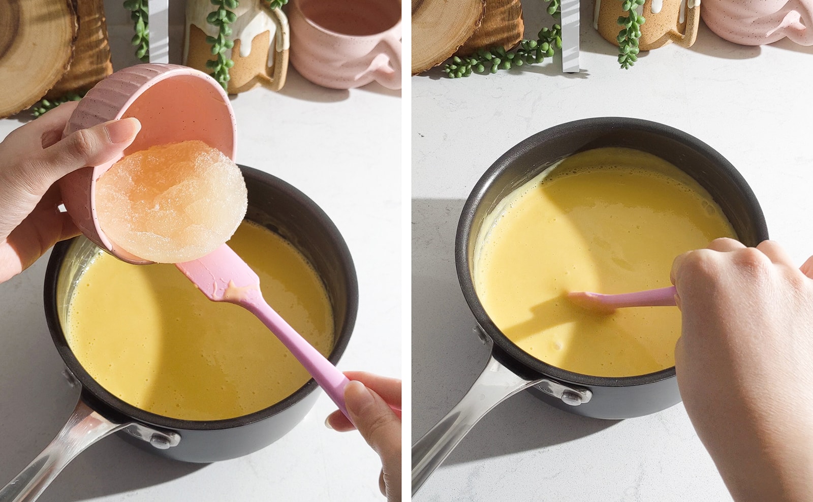 Left to right: spatula guiding gelatin puck from a bowl to a pot, stirring mango mixture in a pot with spatula.