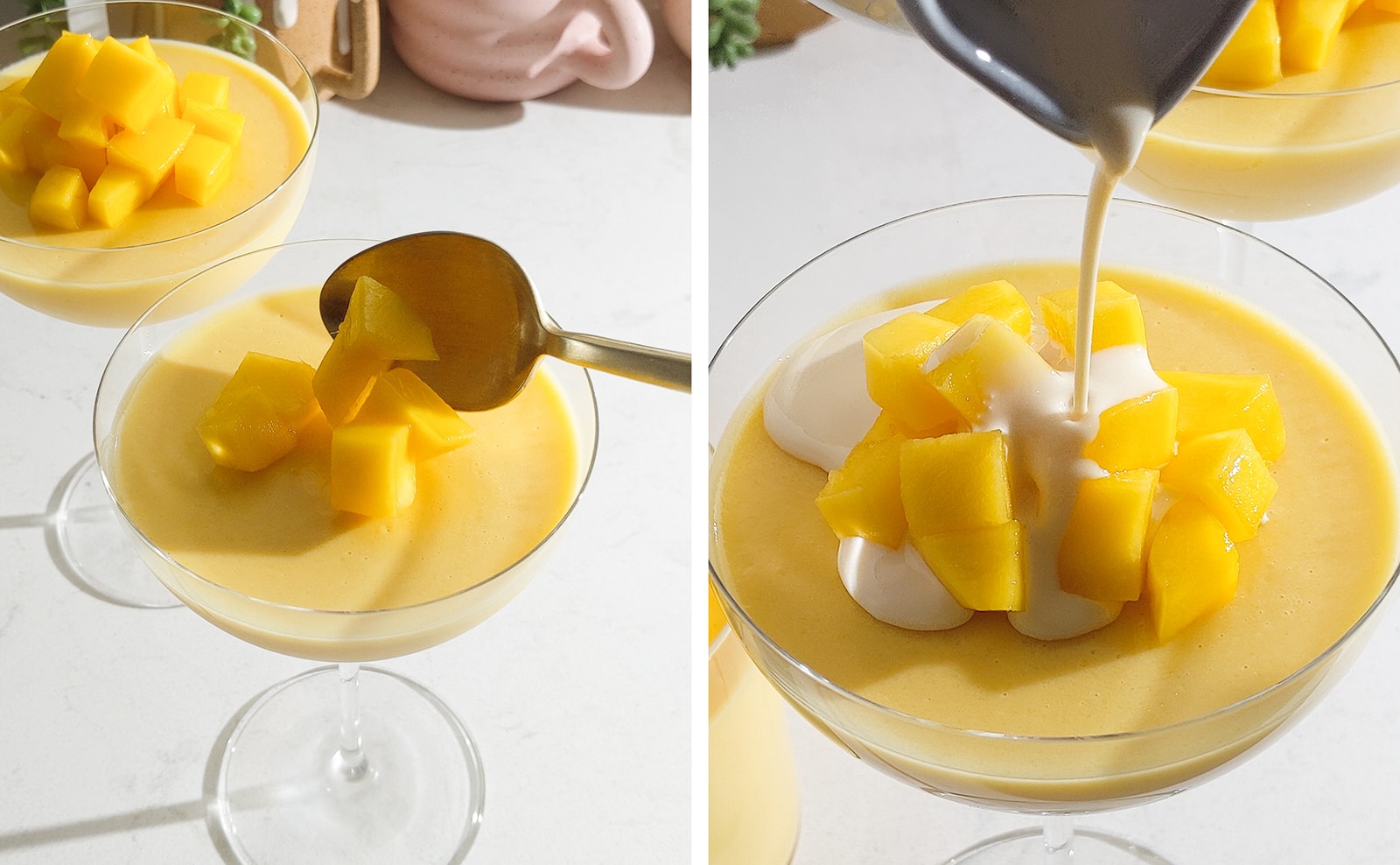 Left to right: a spoon dropping mango chunks on top of mango pudding, pouring evaporated milk on top of mango pudding.
