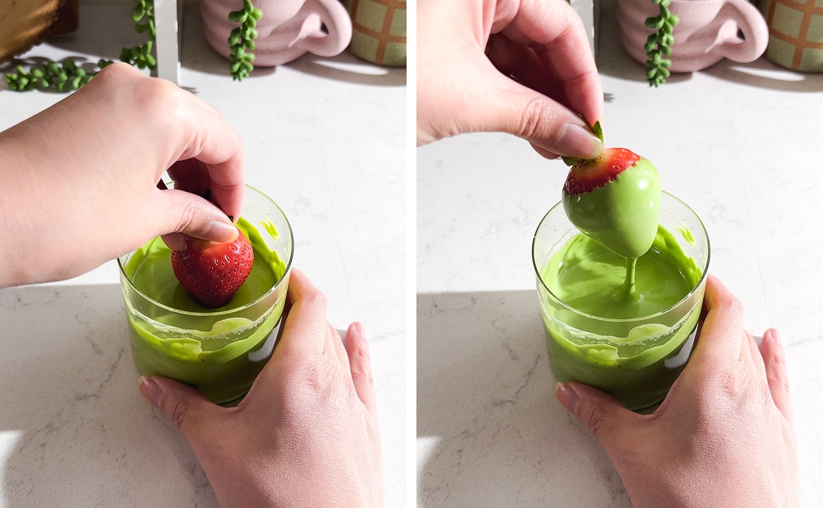 Dipping a strawberry into matcha white chocolate.