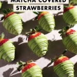 Matcha-covered strawberries lined up in rows.