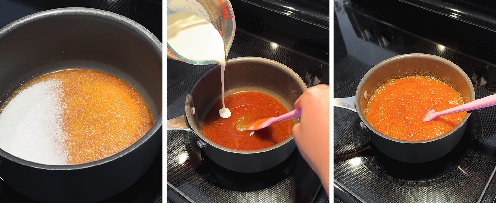 Caramelizing sugar and stirring in heavy cream in a pot.