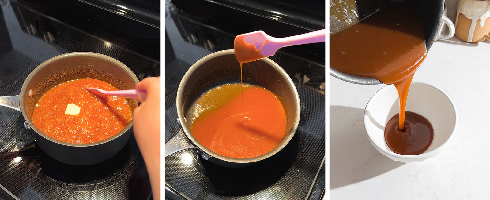 Stirring butter into salted caramel and pouring it into a bowl.