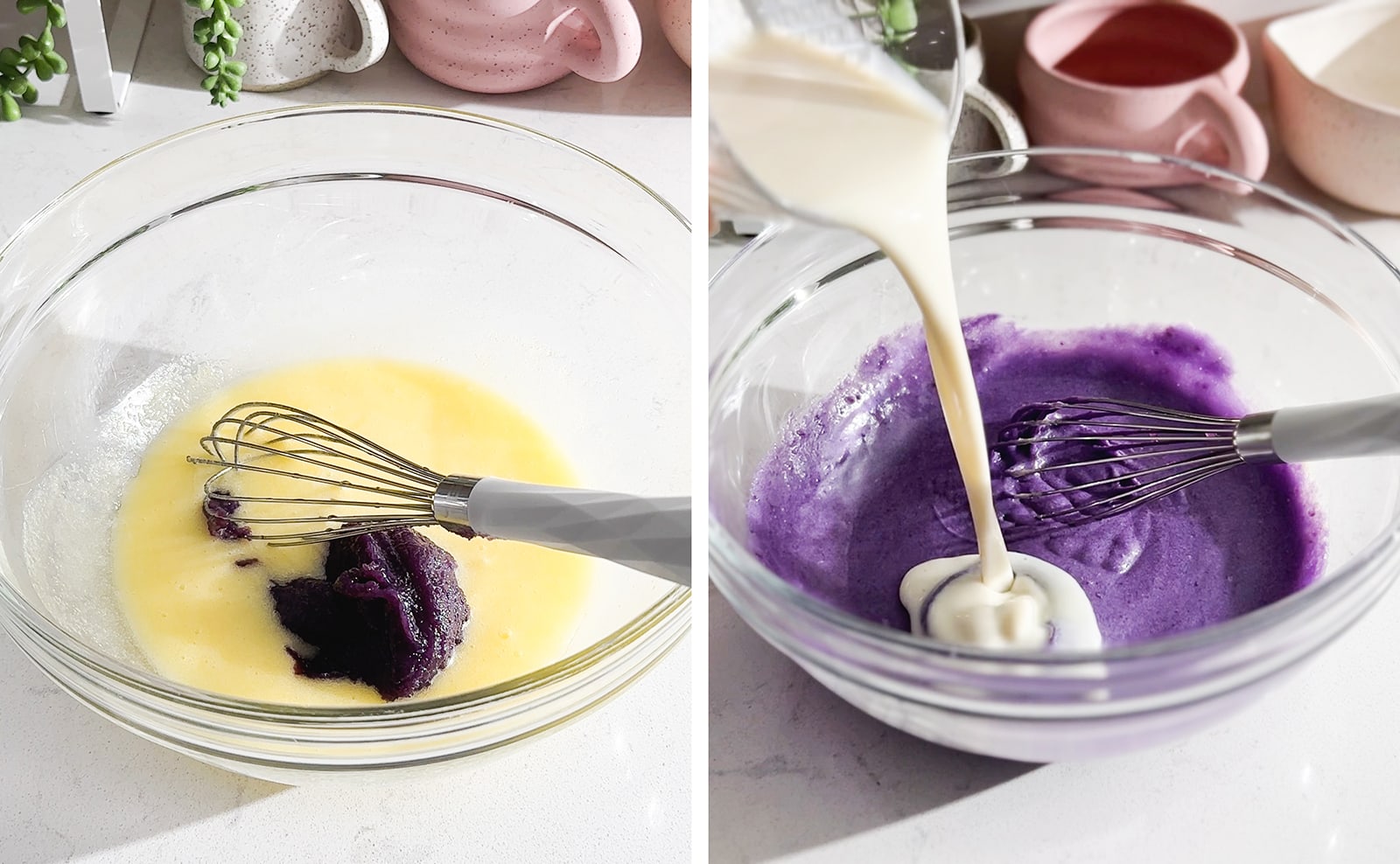 Left to right: scoop of ube halaya jam in egg mixture, pouring milk into purple batter.