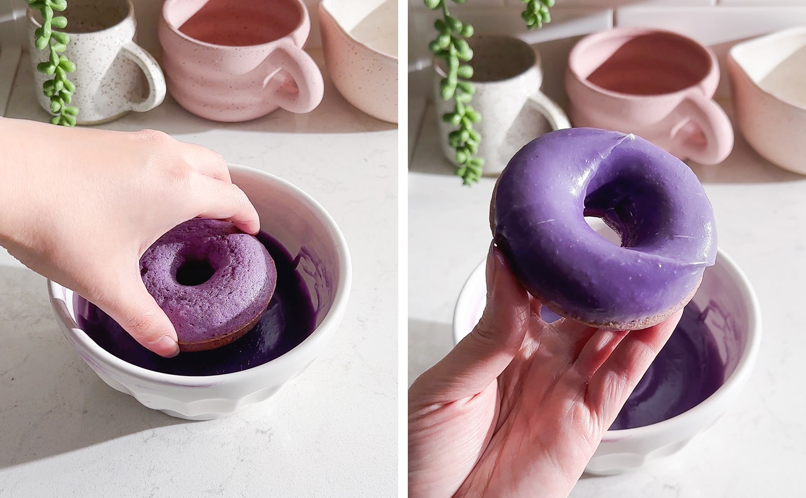 Left to right: hand dipping donut into bowl of glaze, hand holding donut glazed in purple ganache.