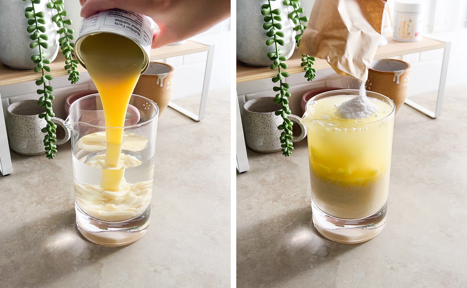 Left to right: pouring a can of condensed milk into glass of water, pouring powder into jar.