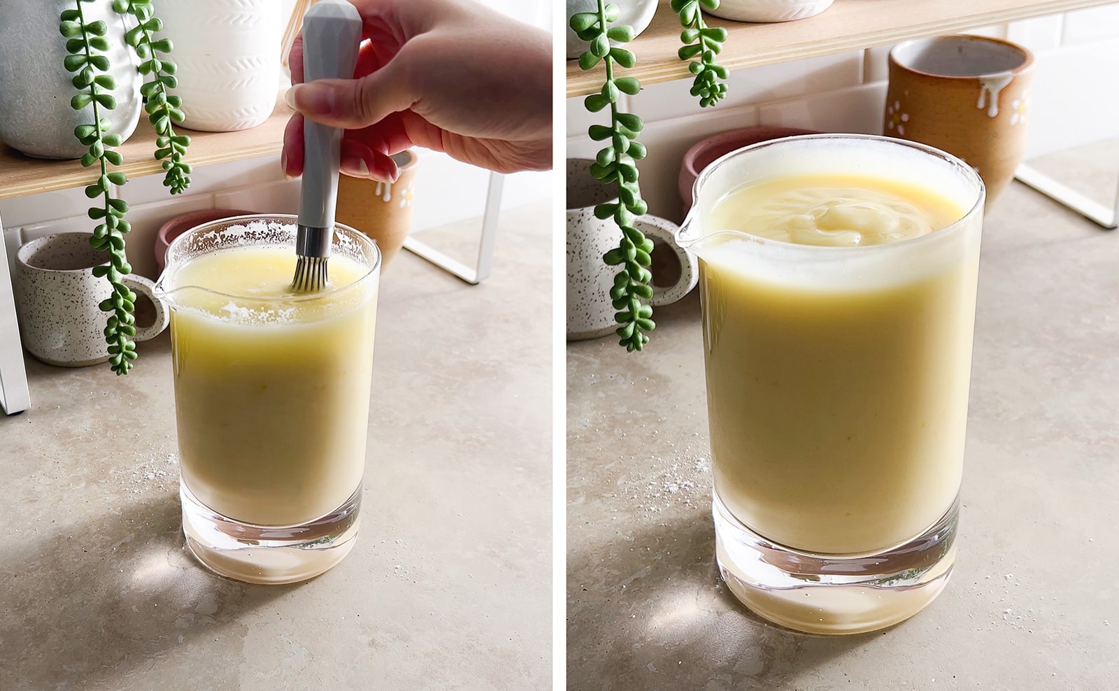 Left to right: hand whisking pudding together, pudding mixture in glass container.