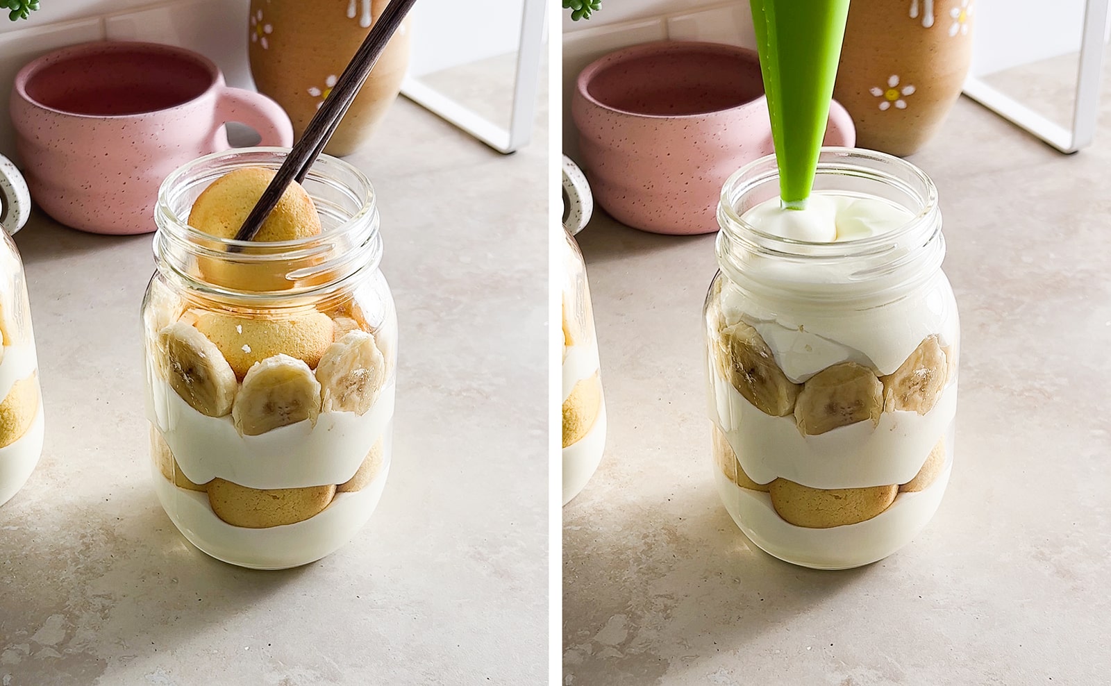Left to right: chopsticks adding vanilla wafer to jar, piping pudding into jar.