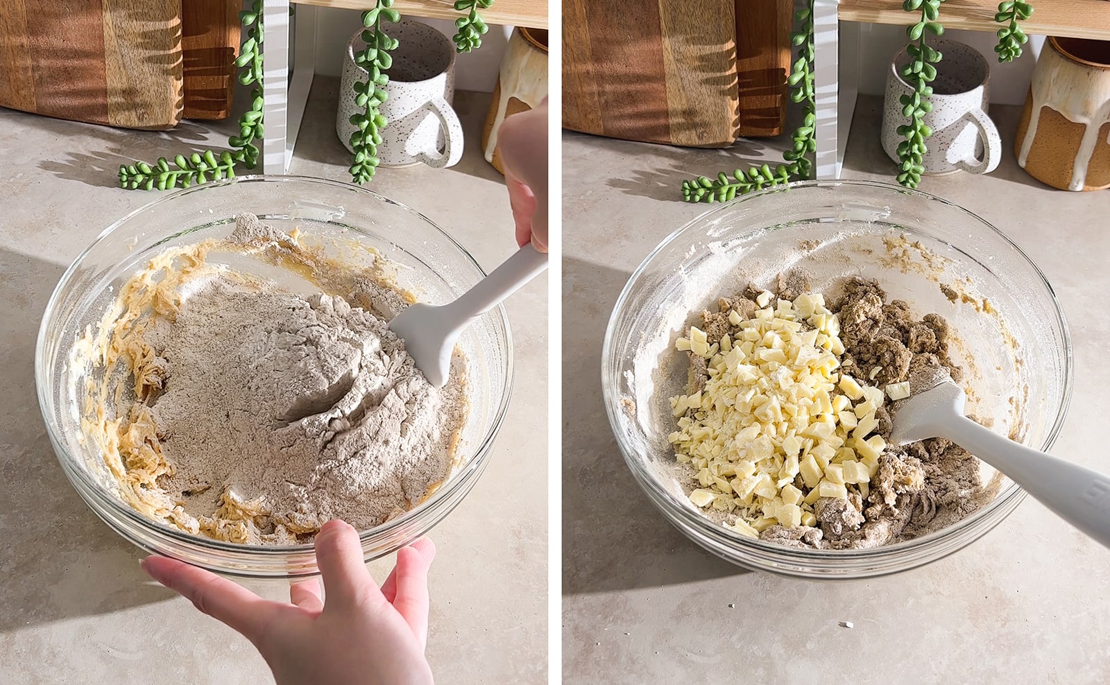 Left to right: flour in a bowl of wet dough, white chocolate chunks in a bowl of cookie dough.