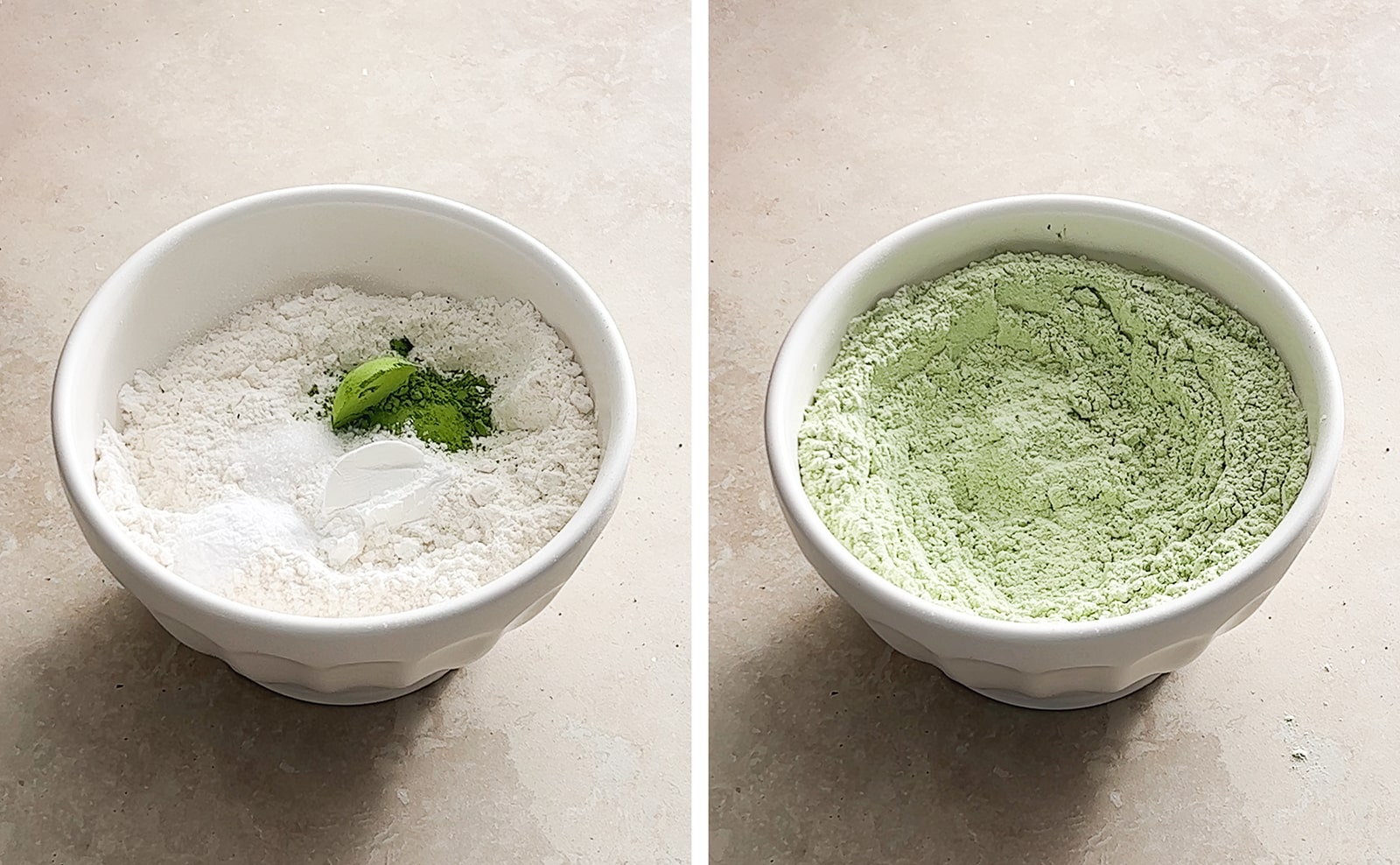 Left to right: dry ingredients in a bowl, dry ingredients mixed into a green powder in a bowl.