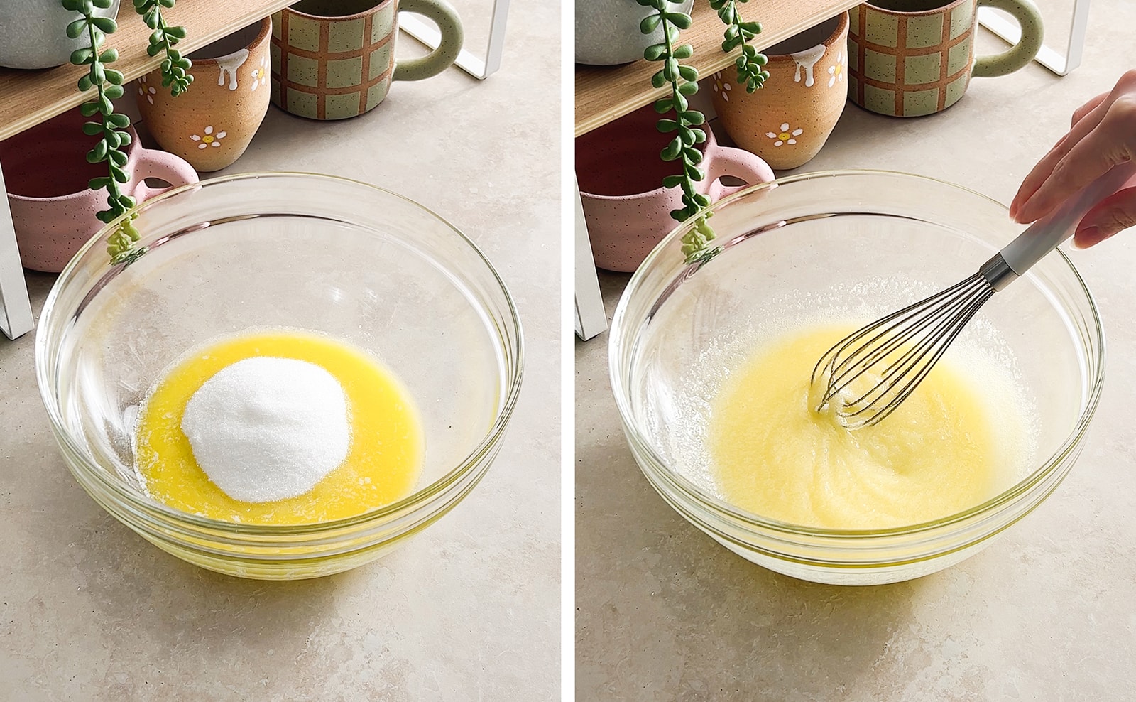 Left to right: melted butter and sugar in a bowl, hand whisking butter and sugar together.