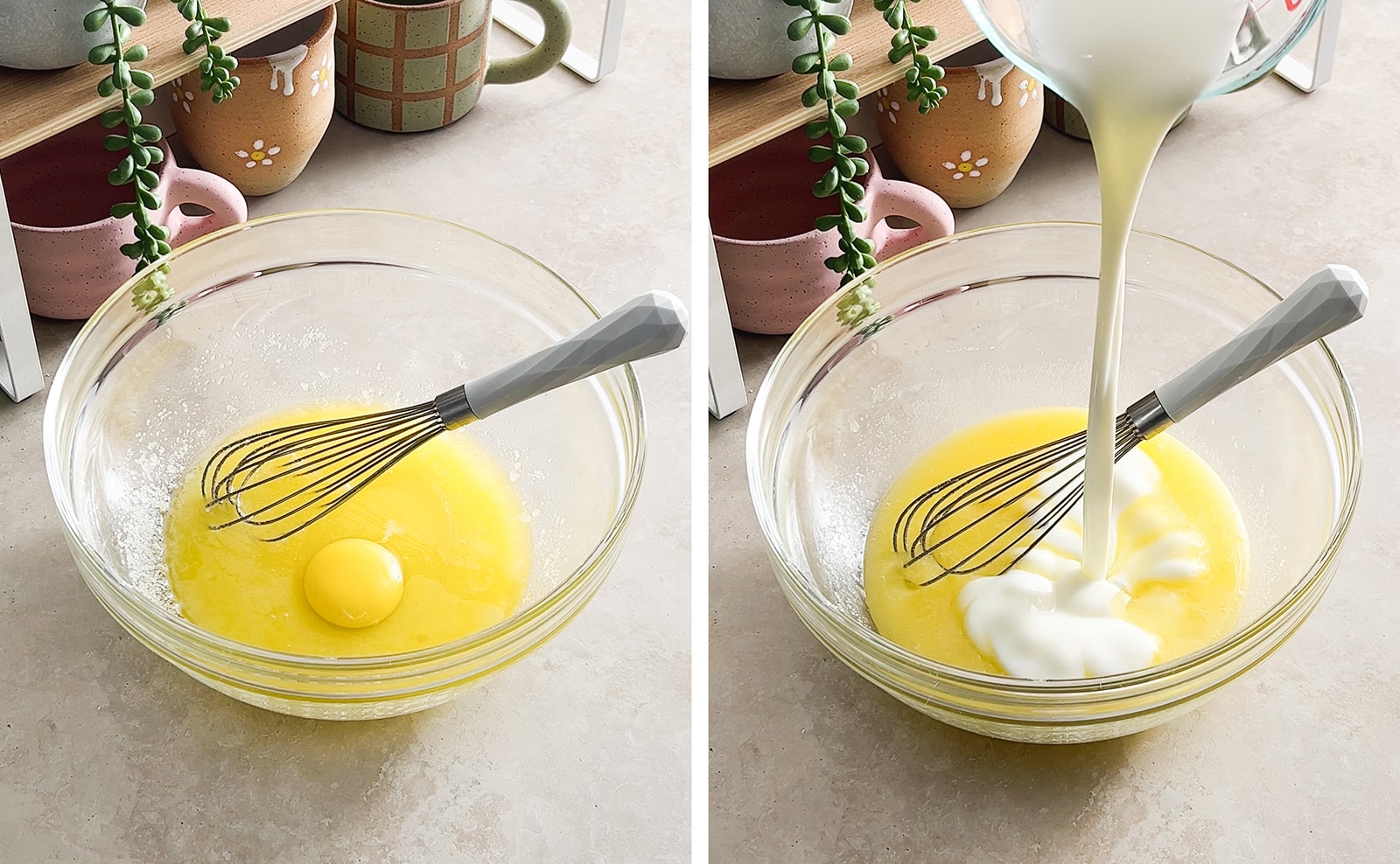 Left to right: egg and whisk in bowl of batter, pouring buttermilk into bowl.