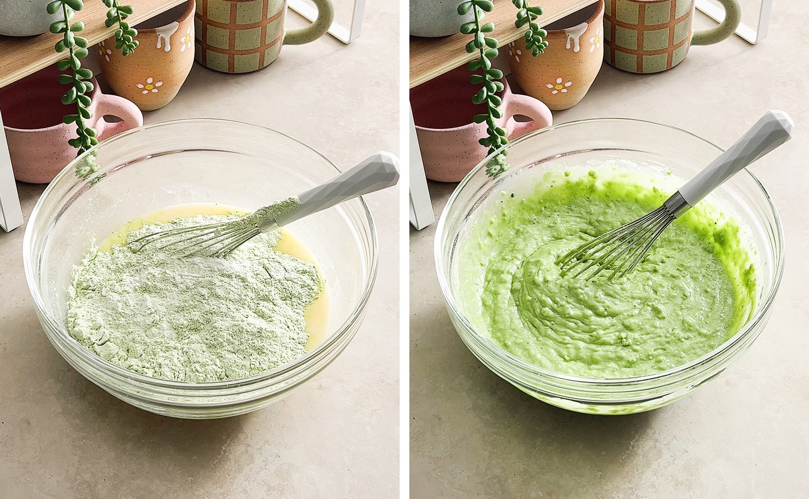 Left to right: flour mixture on top of wet mixture in bowl, muffin batter mixed together in bowl.