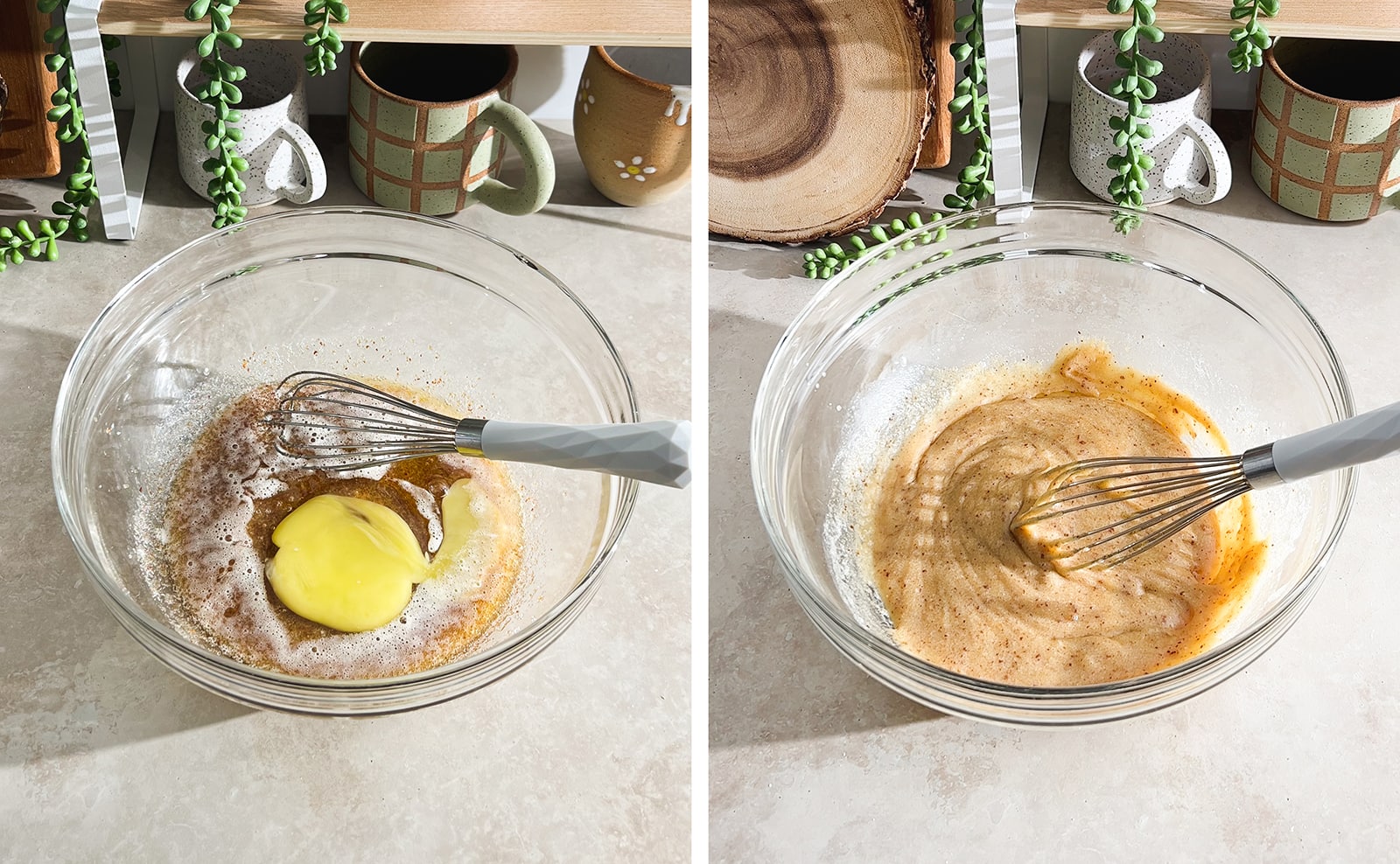 Left to right: egg added to browned butter in bowl, batter with whisk in bowl.