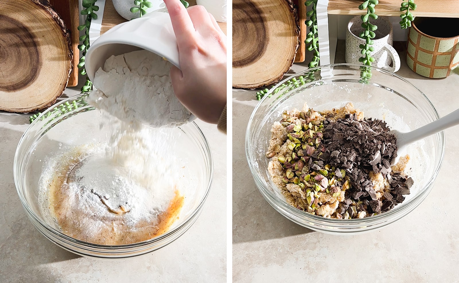 Left to right: hand pouring flour into mixing bowl, chopped chocolate and pistachios on top of cookie dough.