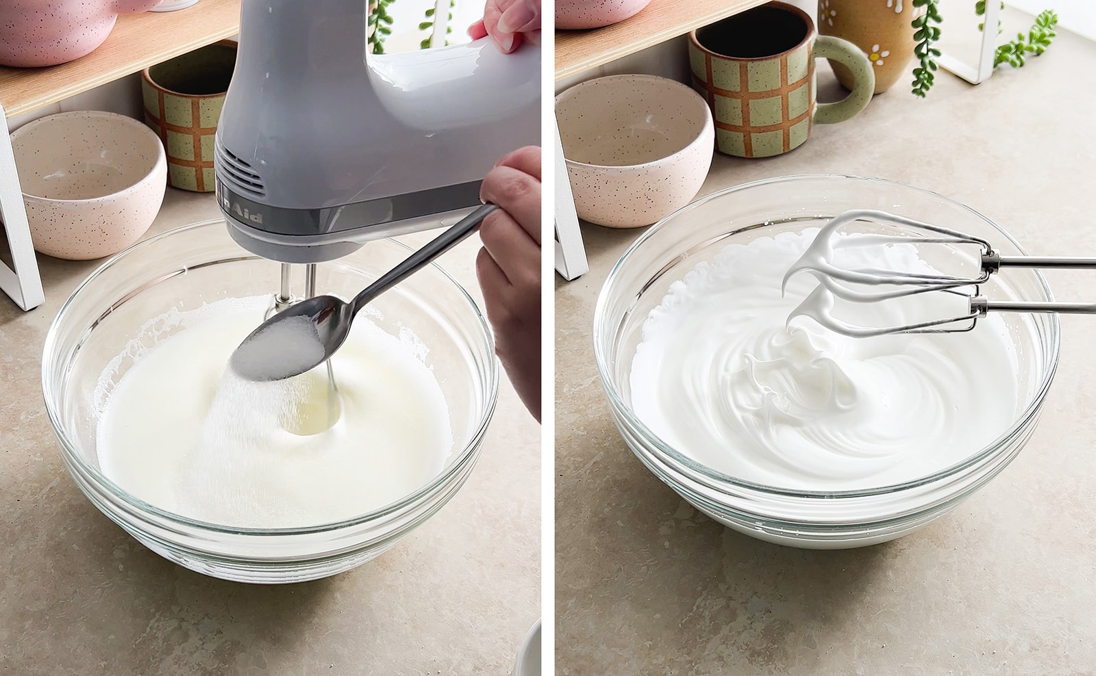 Left to right: spoon sprinkling sugar into egg whites while mixer is mixing, stiff peaks of meringue on whisk attachment held above bowl.