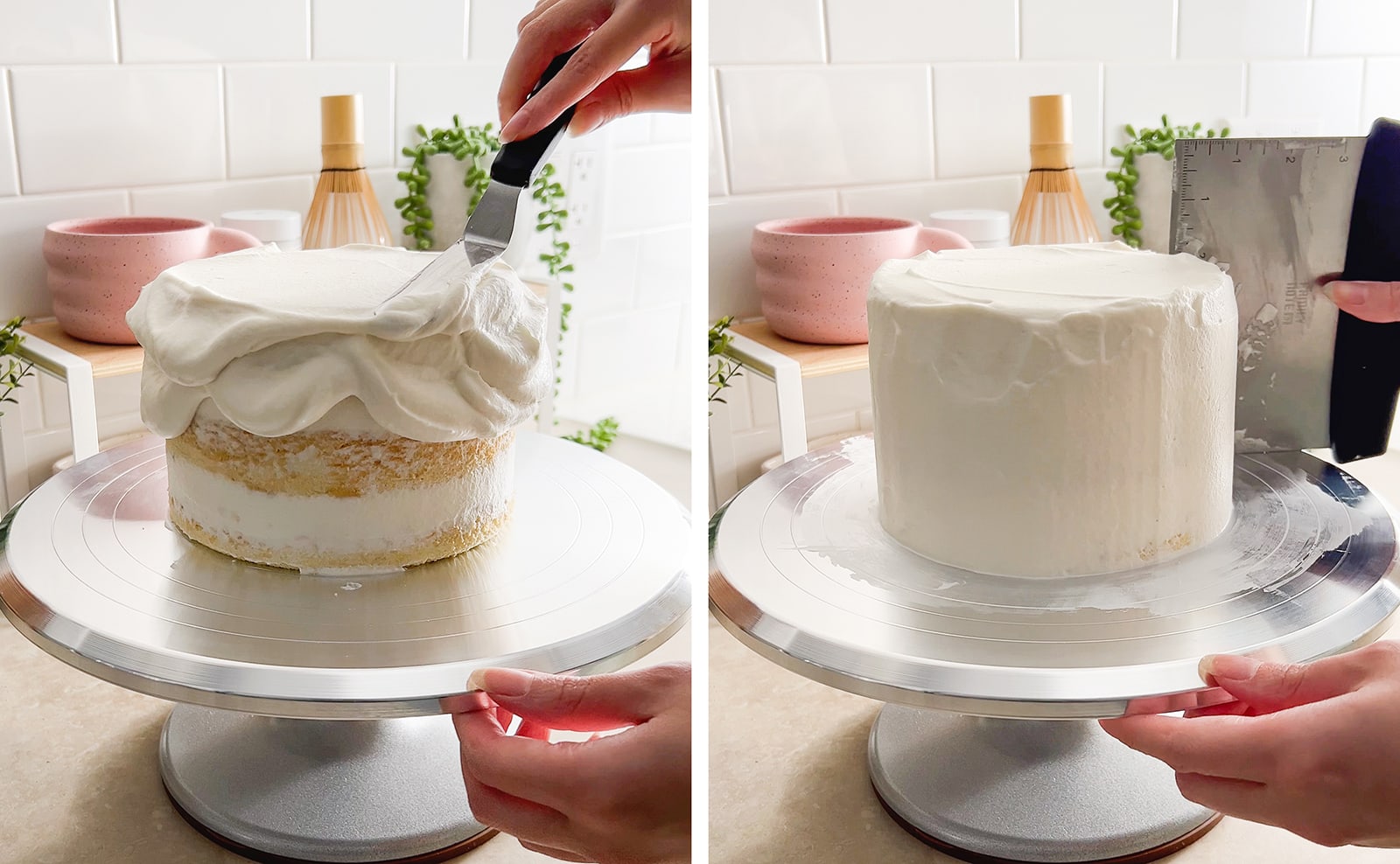 Left to right: hand holding spatula spreading whipped cream on top of cake, scraping excess whipped cream off cake with a bench scraper.