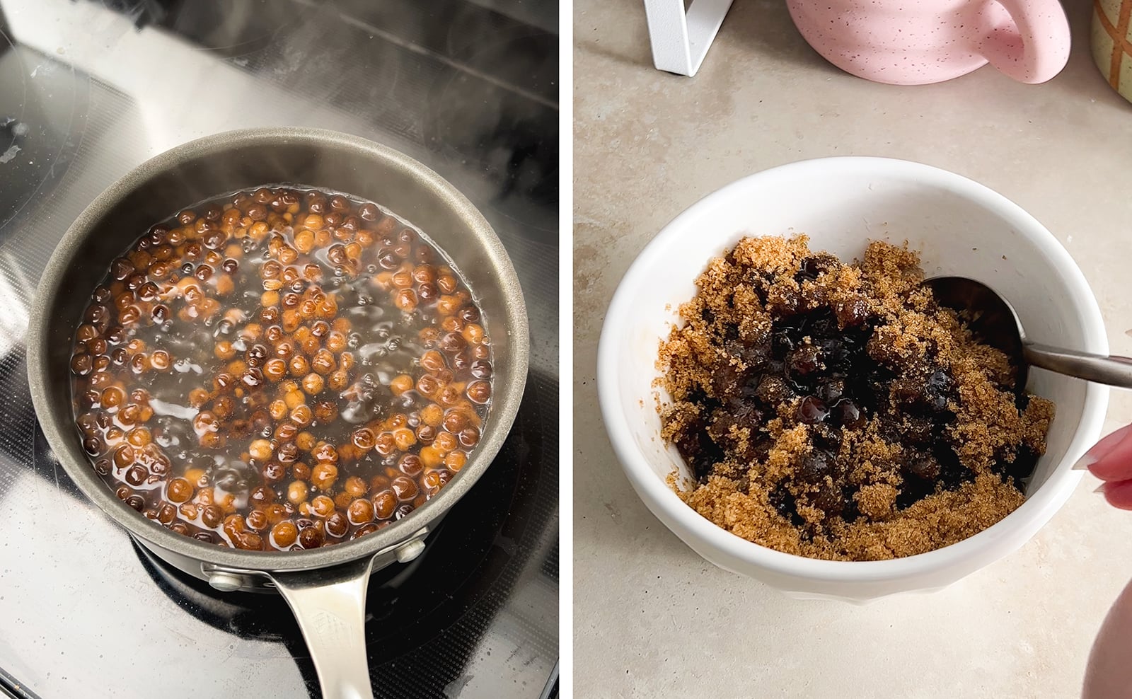 Left to right: tapioca pearls cooking in a pot of water, mixing tapioca pearls with brown sugar in a bowl.