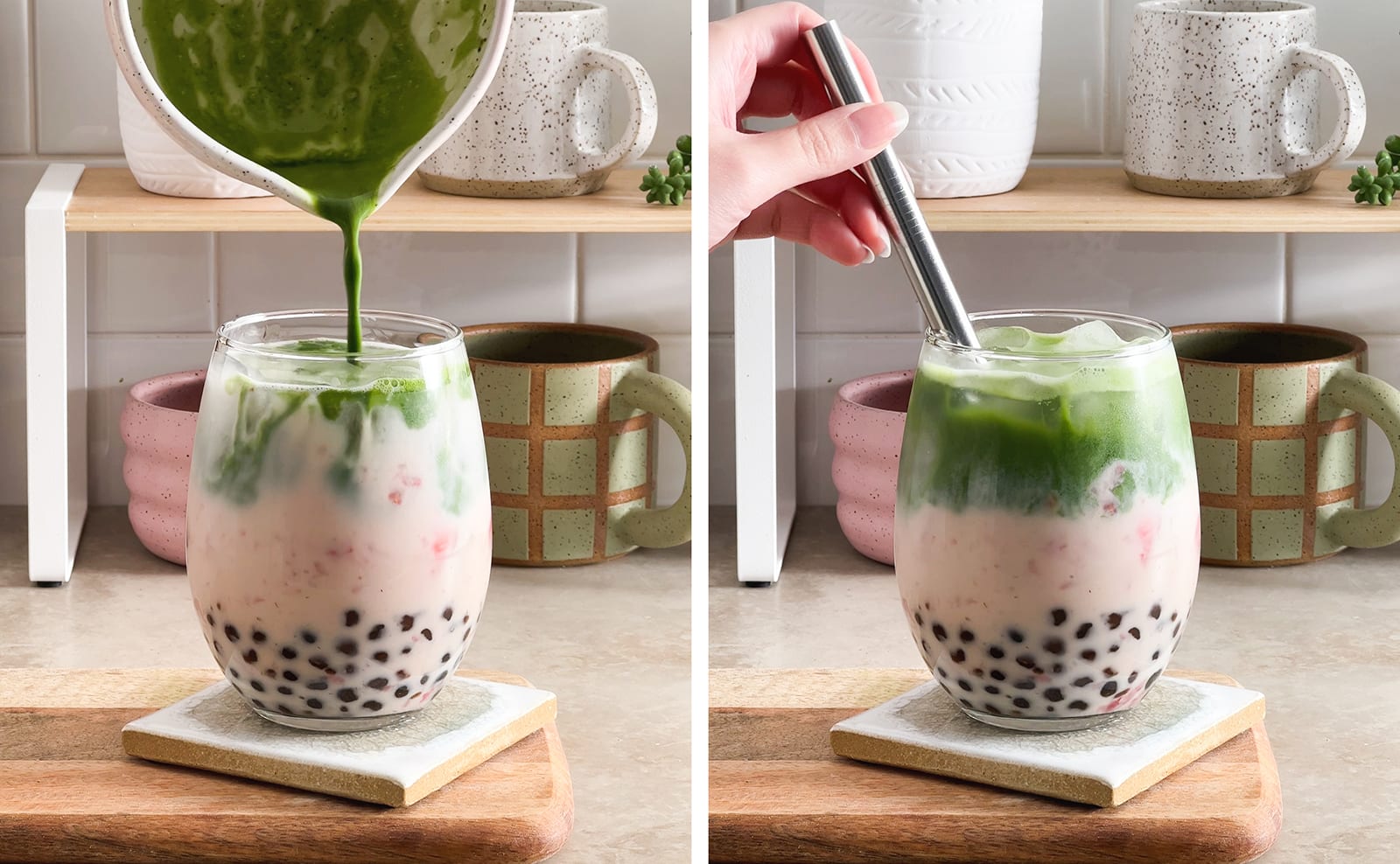 Left to right: pouring matcha on top of strawberry milk mixture, hand putting straw into glass of strawberry matcha boba.