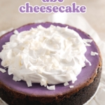 Purple yam cheesecake with dollops of coconut cream spread on top.