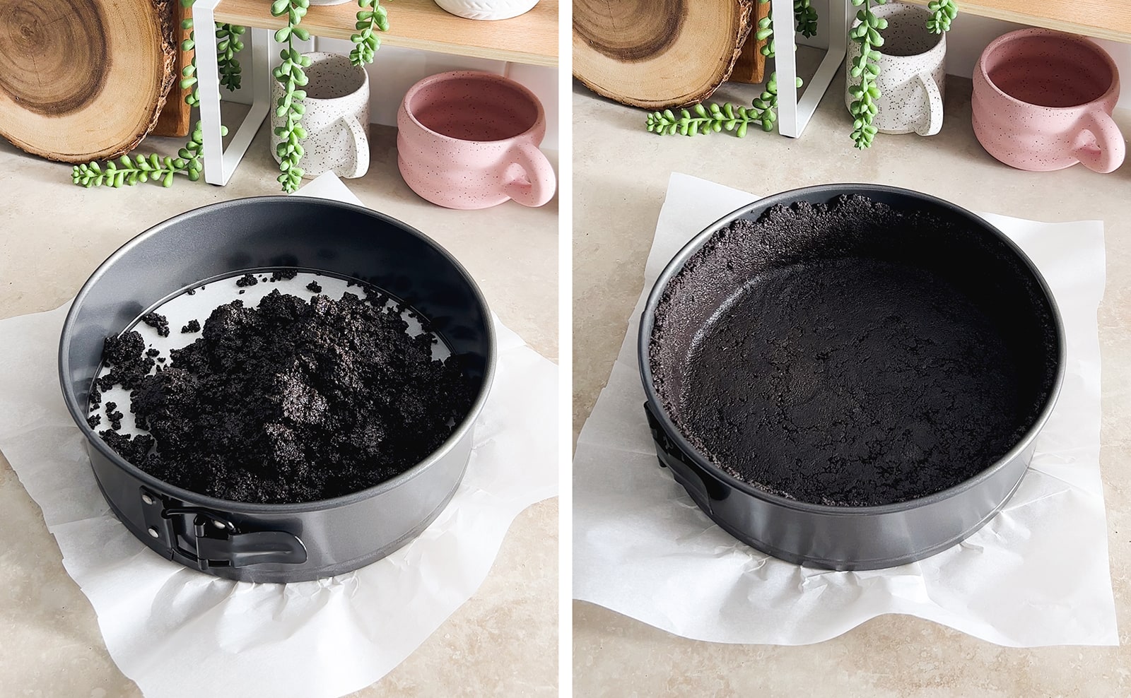 Left to right: oreo cookie crumbs in a springform form, oreo cookie crust formed on inside of springform pan.
