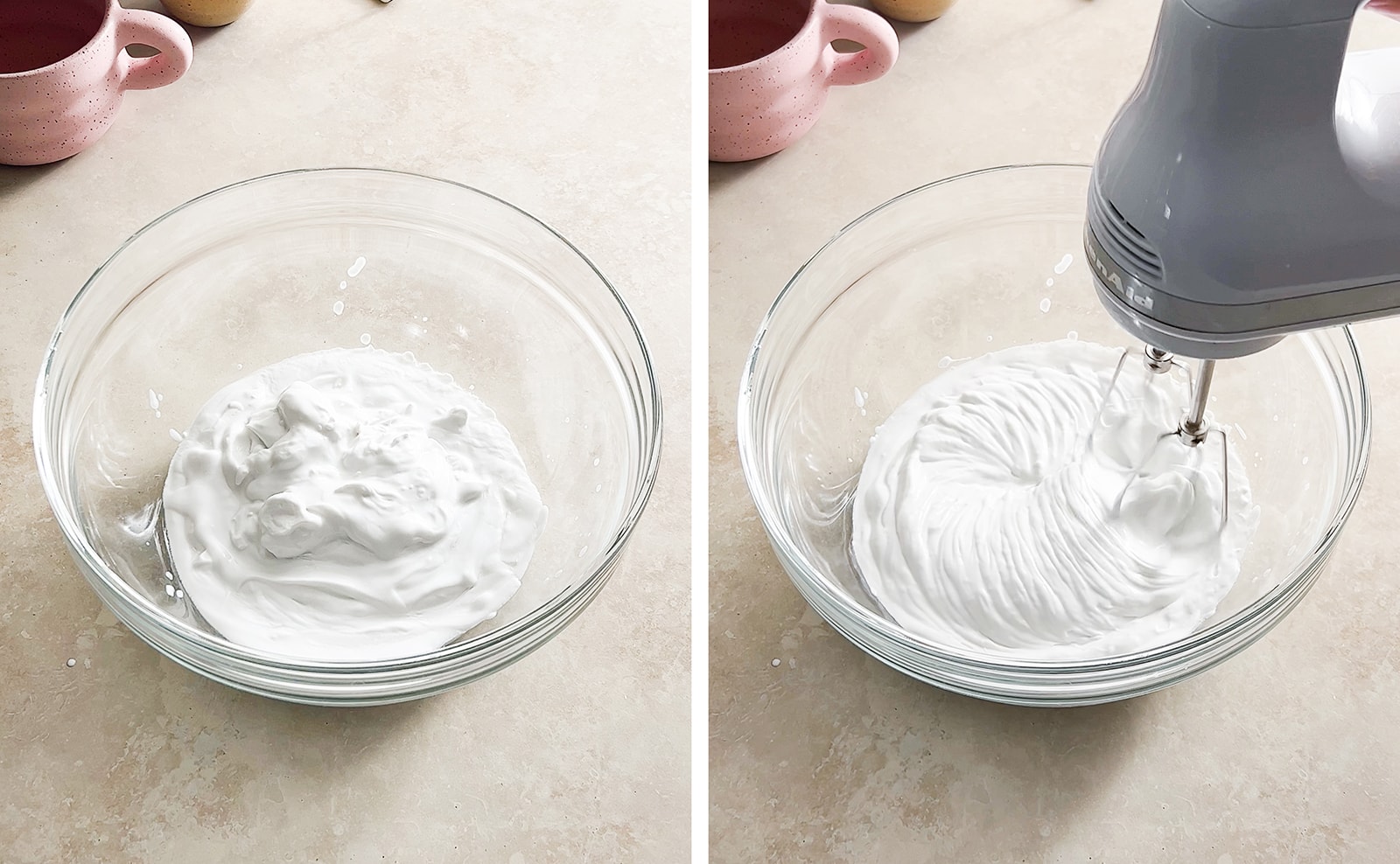 Left to right: coconut cream in a bowl, mixing coconut cream with a hand mixer.