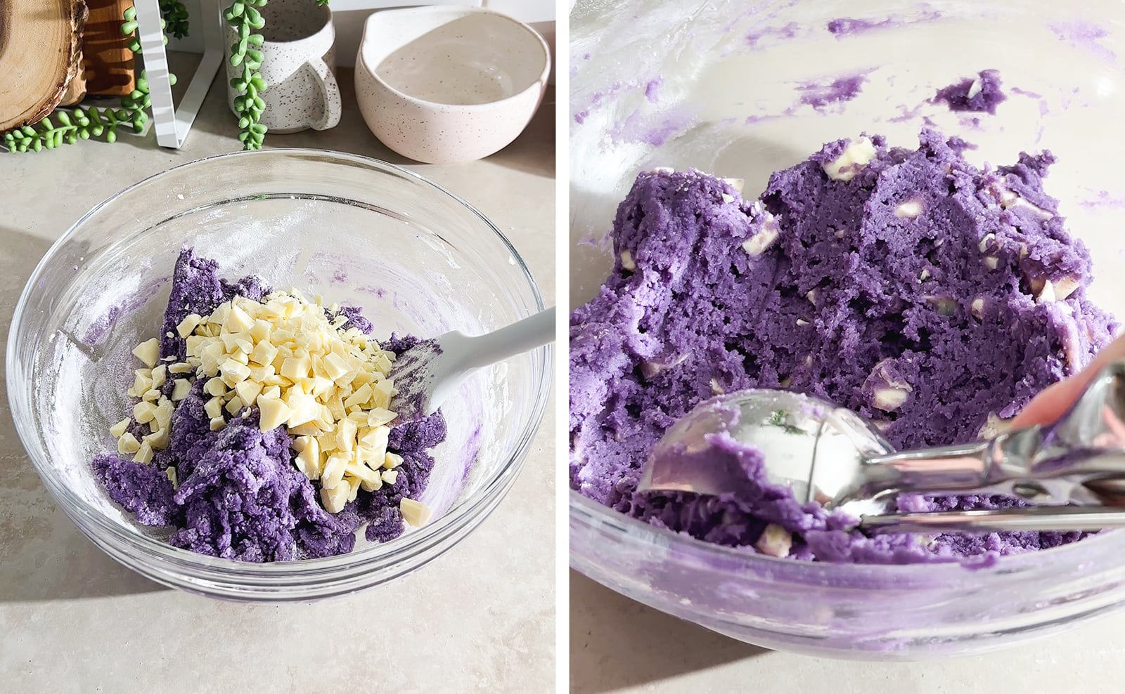 Left to right: white chocolate chunks in bowl of purple cookie batter, scooping cookie batter with ice cream scooper.