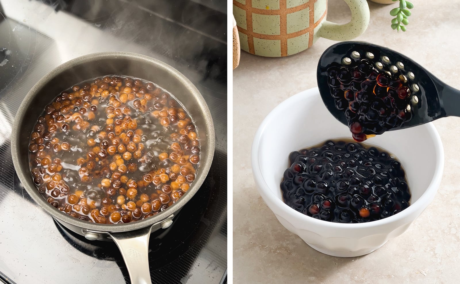 Left to right: cooking tapioca pearls in a pot of water, adding drained tapioca pearls to a bowl.