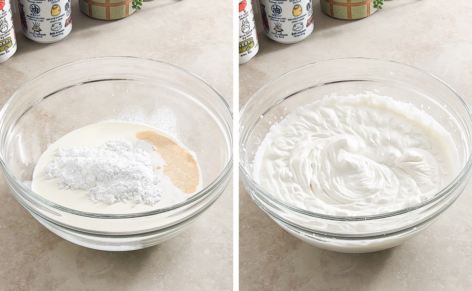 Left to right: bowl of ingredients for whipped cream, whipped cream after being whipped.
