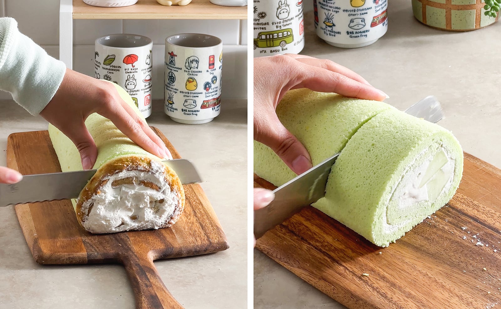 Left to right: slicing the end off of a cake roll, slicing thick slices from a roll cake.