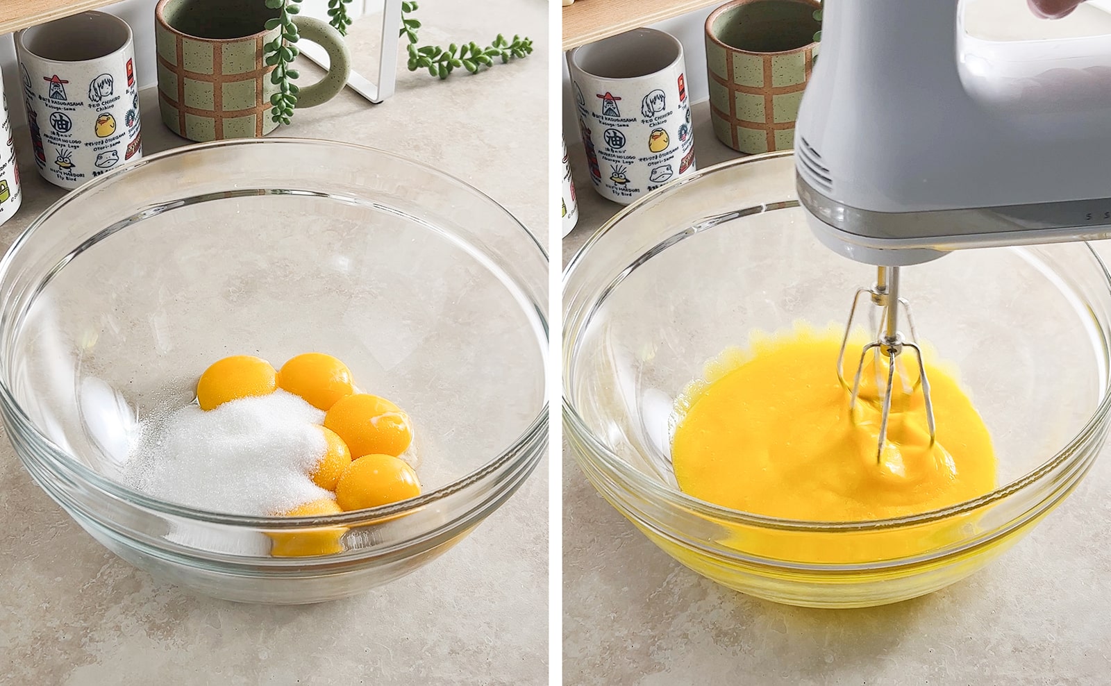 Left to right: egg yolks and sugar in mixing bowl, hand mixer beating egg yolk mixture in a bowl.