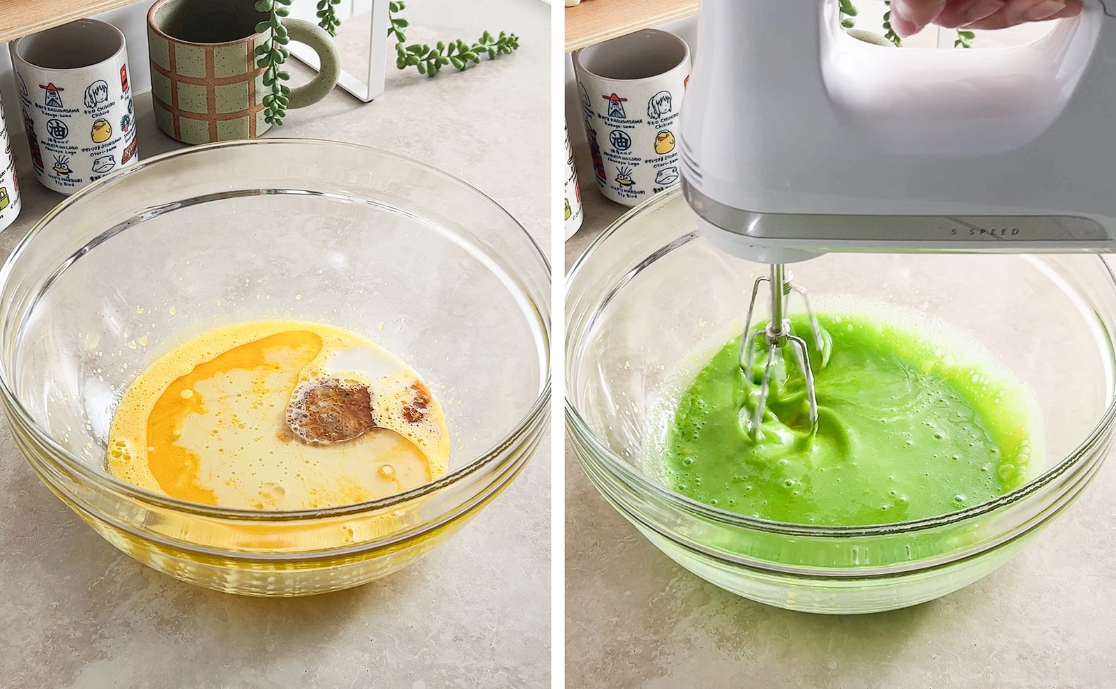 Left to right: ingredients for egg yolk mixture in a bowl, hand mixer beating green pandan batter in a bowl.