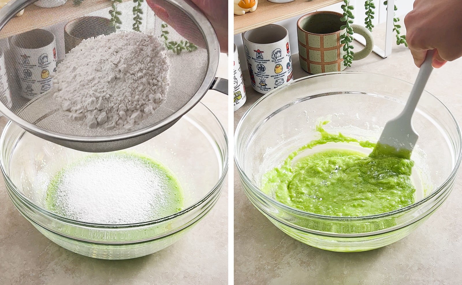 Left to right: sifting flour into bowl of batter, folding pandan batter with a spatula.