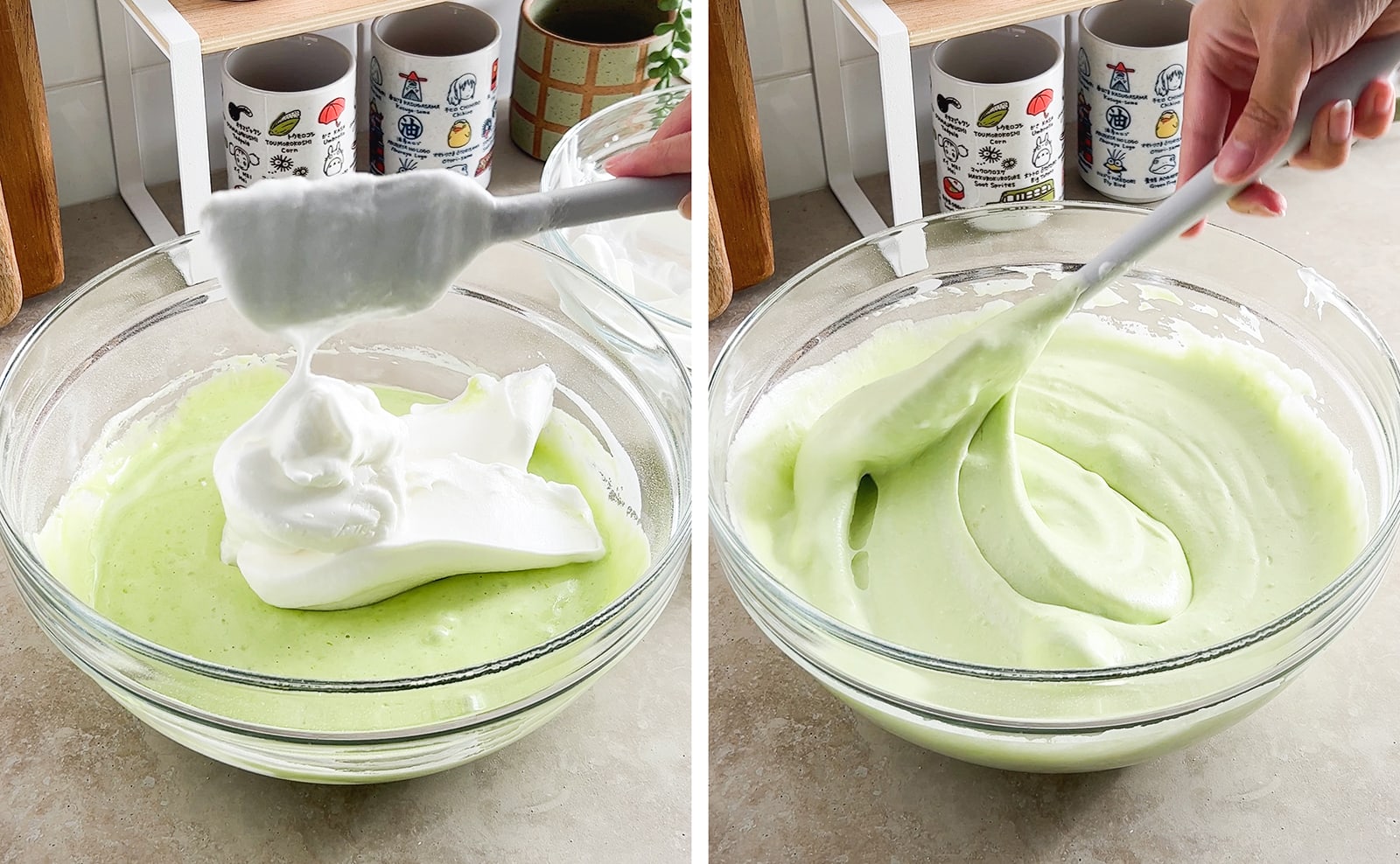 Left to right: adding meringue into bowl of batter from spatula, folding pandan chiffon cake batter together with spatula.