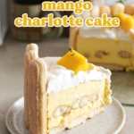 A slice of mango charlotte cake on a plate.