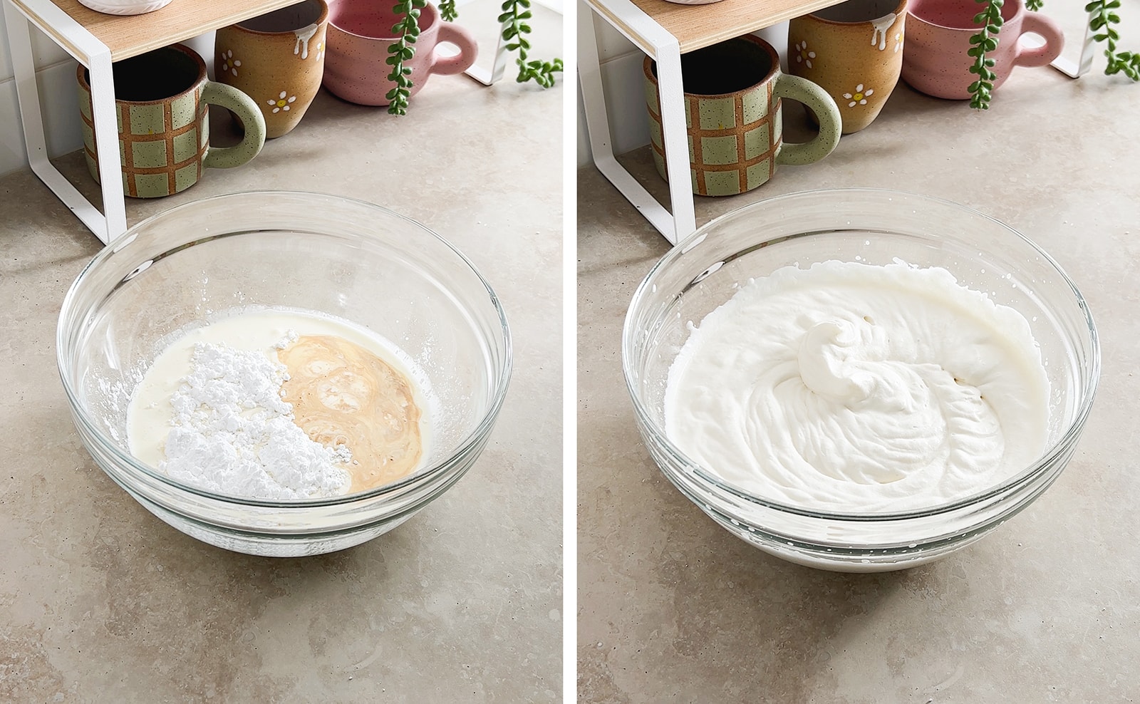Left to right: ingredients for whipped cream in a bowl, whipped cream in mixing bowl after being whipped.