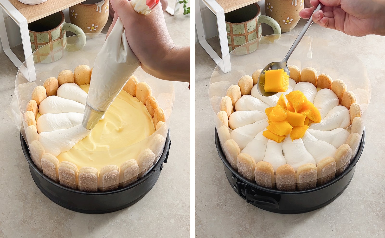 Left to right: piping whipped cream on top of cake, placing down mango chunks on top of cake with a spoon.