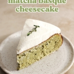 A slice of matcha cheesecake on a plate.